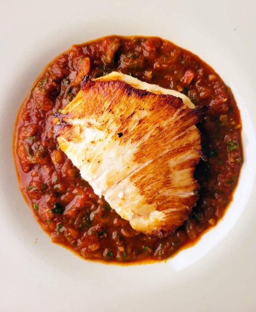 Halibut Cheeks with Saffron Tomato Sauce